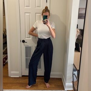 Zara navy blue high waited silk look trouser pants